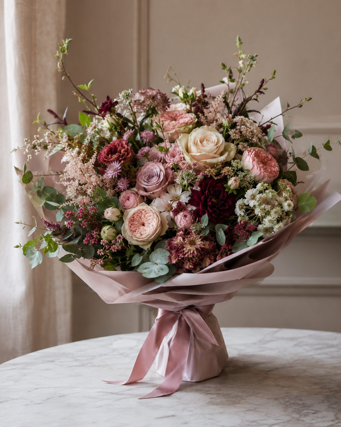 Luxury pink and cream KVETKI bouquet wrapped in blush paper