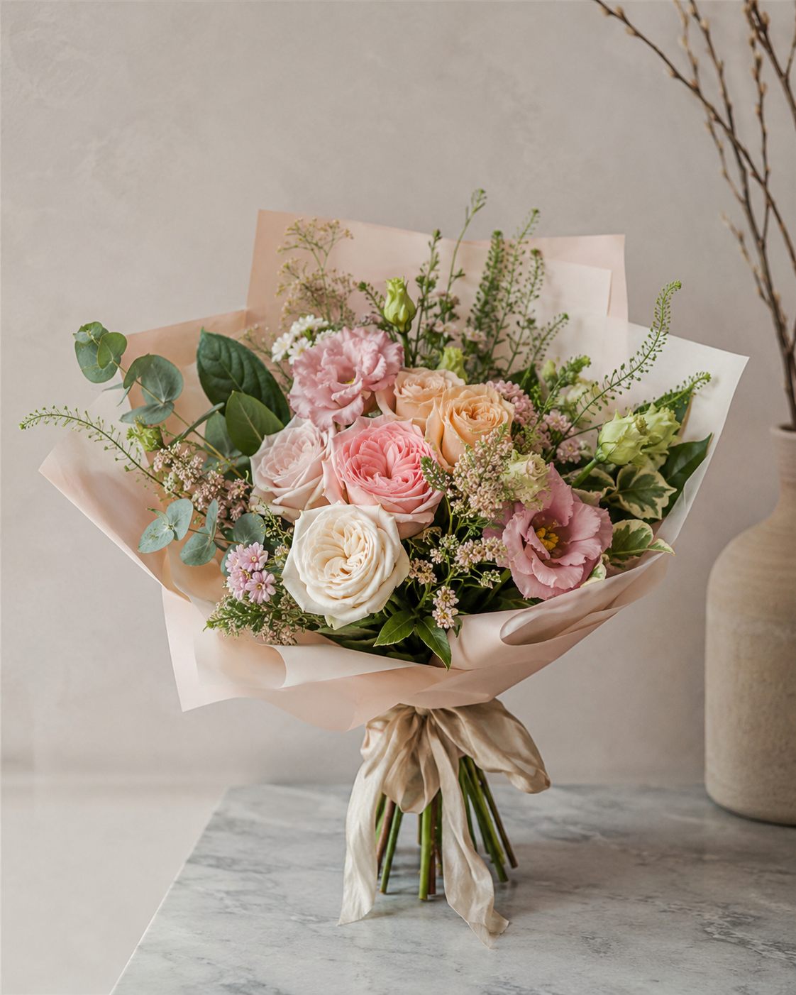 Romantic blush bouquet with roses and soft foliage