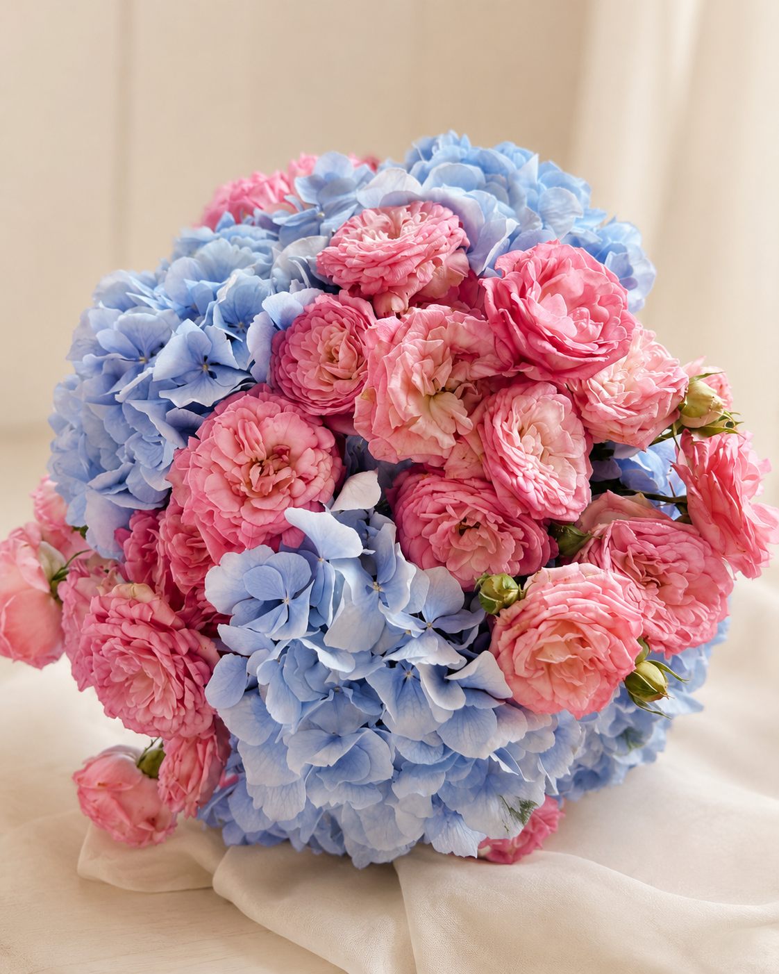 Blue hydrangea and pink flower bouquet