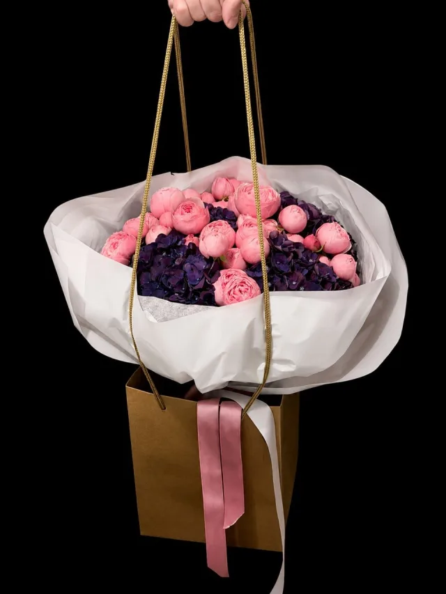 Pink rose and deep purple hydrangea gift bouquet