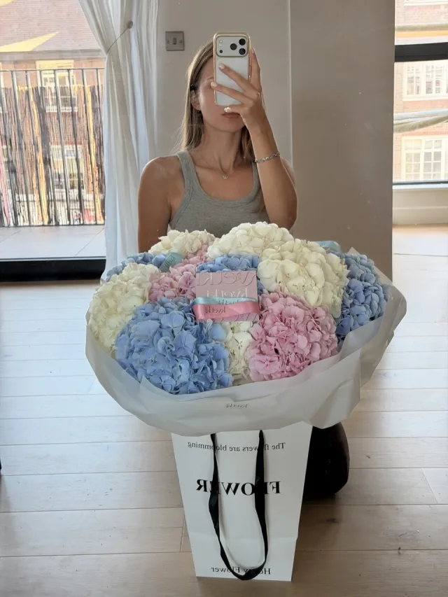 Large pink blue, pink and white hydrangea bouquet with KVETKI ribbons